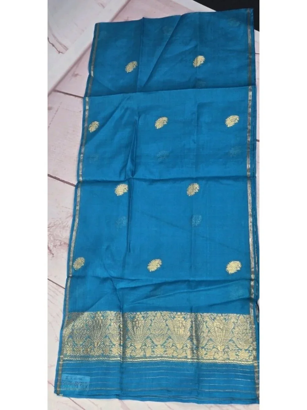 Hand Woven 100% Pure Silk TOURQOUISE GOLD Made in India Saree Scarf @ 45